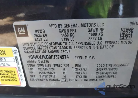 2015 Chevrolet Traverse Ltz из США, поврежденный, VIN 1GNKVJKD0FJ374974